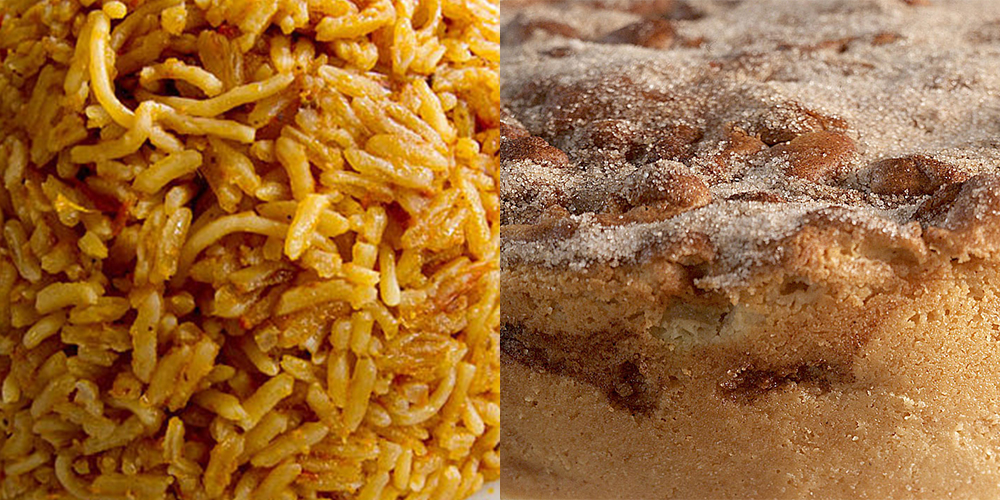 On the left side, an image of jollof rice. On the right side, a close-up of apple-cinnamon cake.